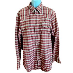 Roper Men’s Red and White Collared Plaid Long Sleeve Snap Front Shirt Size Large